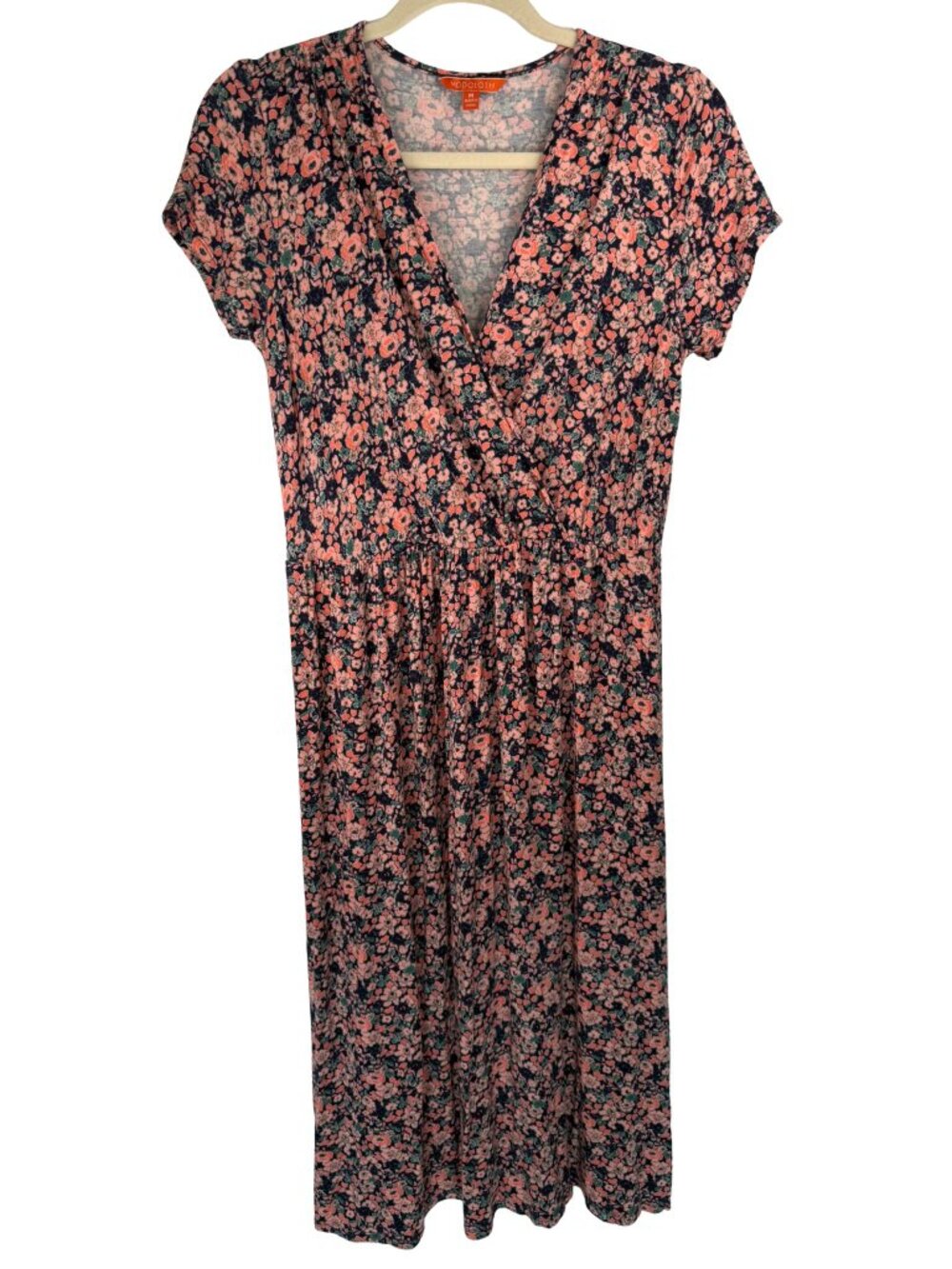 ModCloth Women’s M Coral Floral Faux Wrap Maxi Dress Short Sleeve